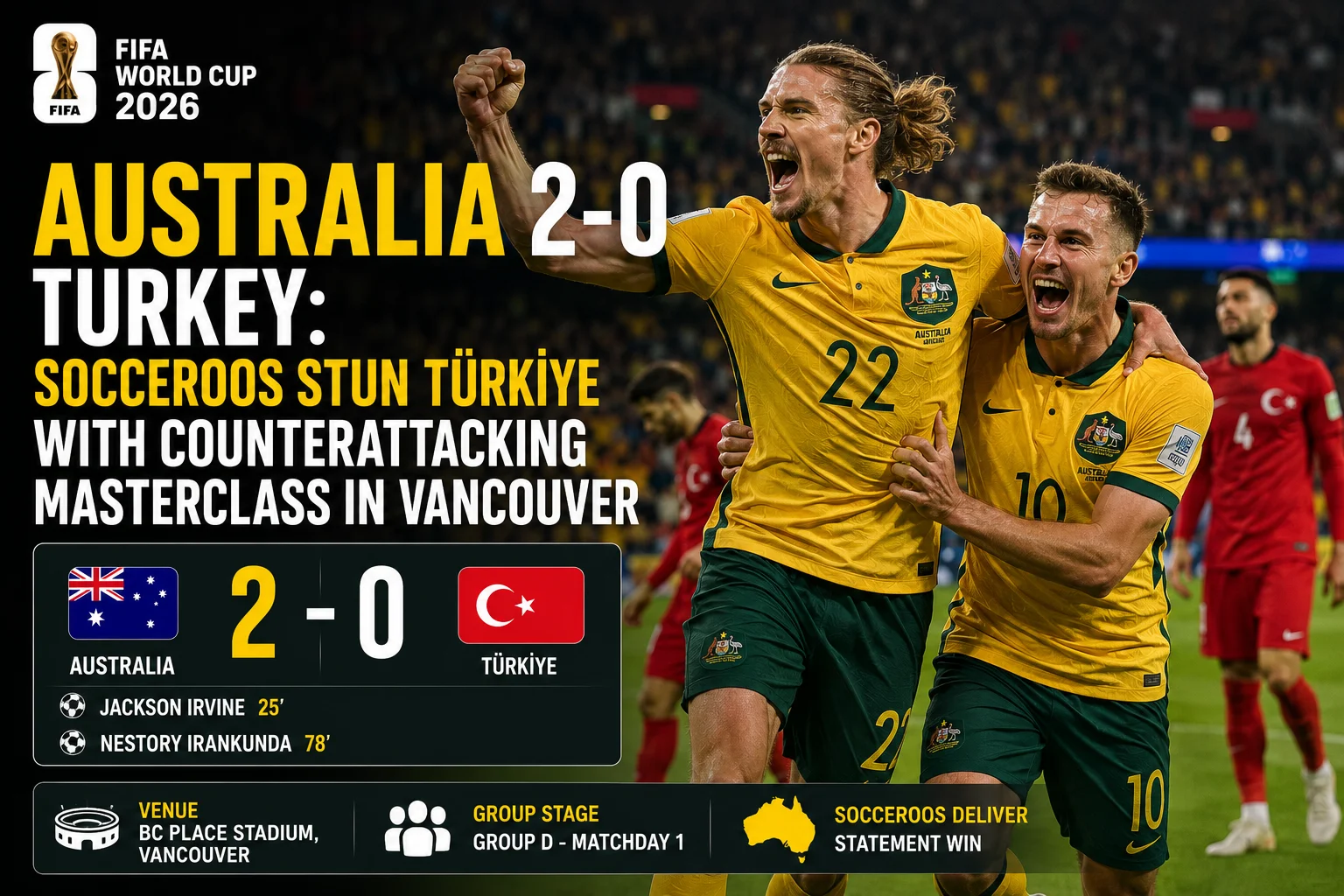Australia 2-0 Turkey: Socceroos Stun Türkiye with Counterattacking Masterclass in Vancouver