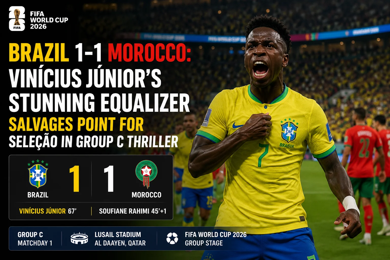 Brazil 1-1 Morocco Vinícius Júnior's Stunning Equalizer Salvages Point for Seleção in Group C Thriller