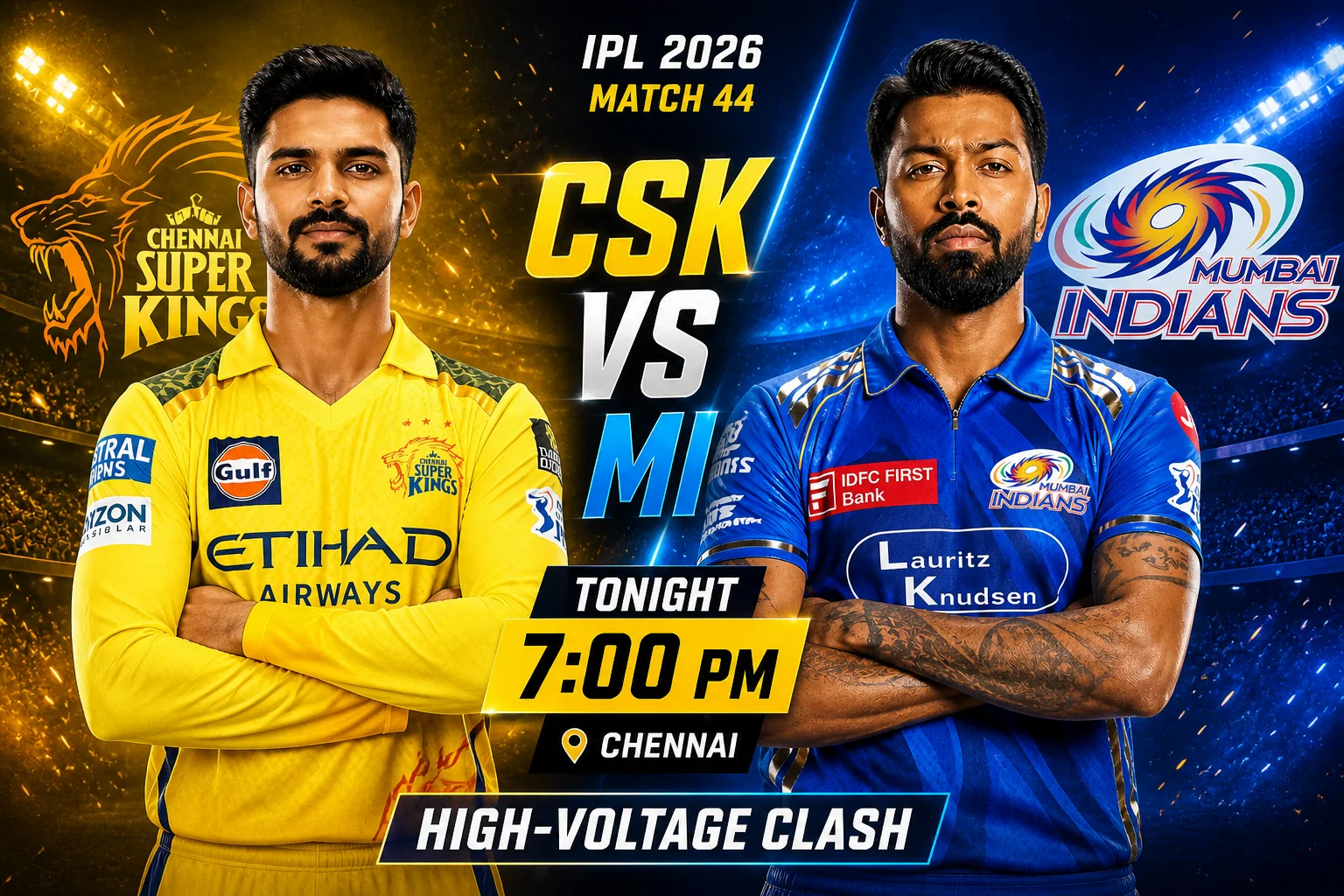 CSK vs MI – IPL 2026 Match 44 Tonight at 7 PM High-Voltage Clash Between Chennai Super Kings and Mumbai Indians