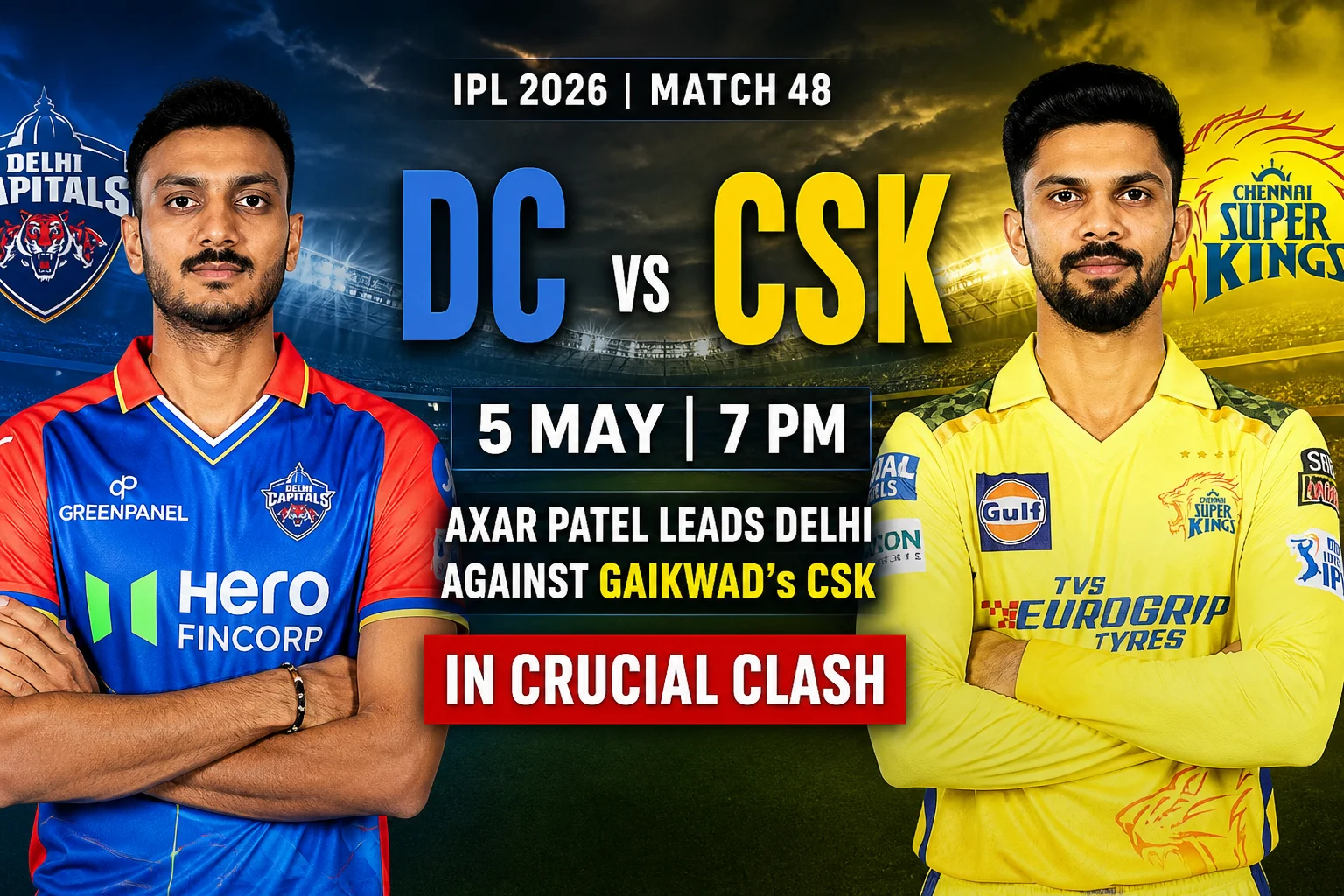 DC vs CSK IPL 2026, 5 May 7 PM Axar Patel vs Gaikwad Set for a High-Stakes Showdown in Delhi