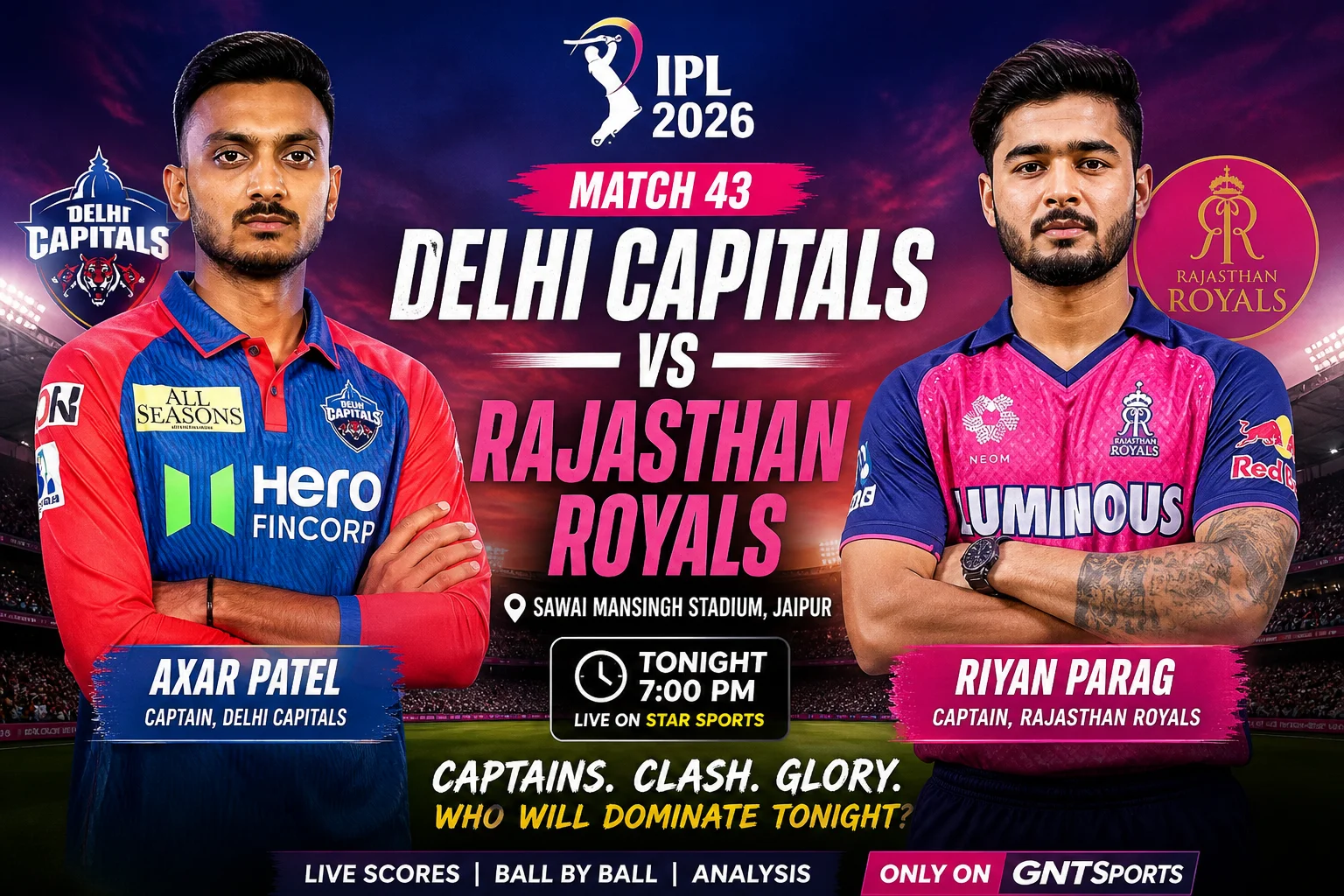 Delhi Capitals vs Rajasthan Royals – IPL 2026 Match 43 Preview | Riyan Parag vs Axar Patel Captaincy Battle Set for Jaipur Tonight