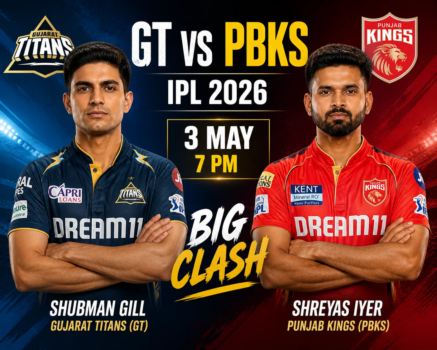 GT vs PBKS IPL 2026 on 3 May at 7 PM: Shubman Gill vs Shreyas Iyer Set for Big Clash