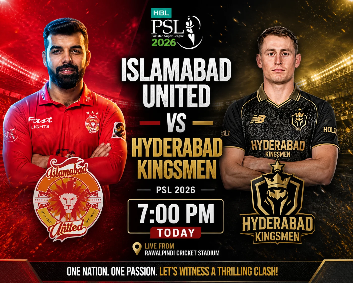 Islamabad United vs Hyderabad Kingsmen – PSL 2026 Clash Set for 7 PM Today