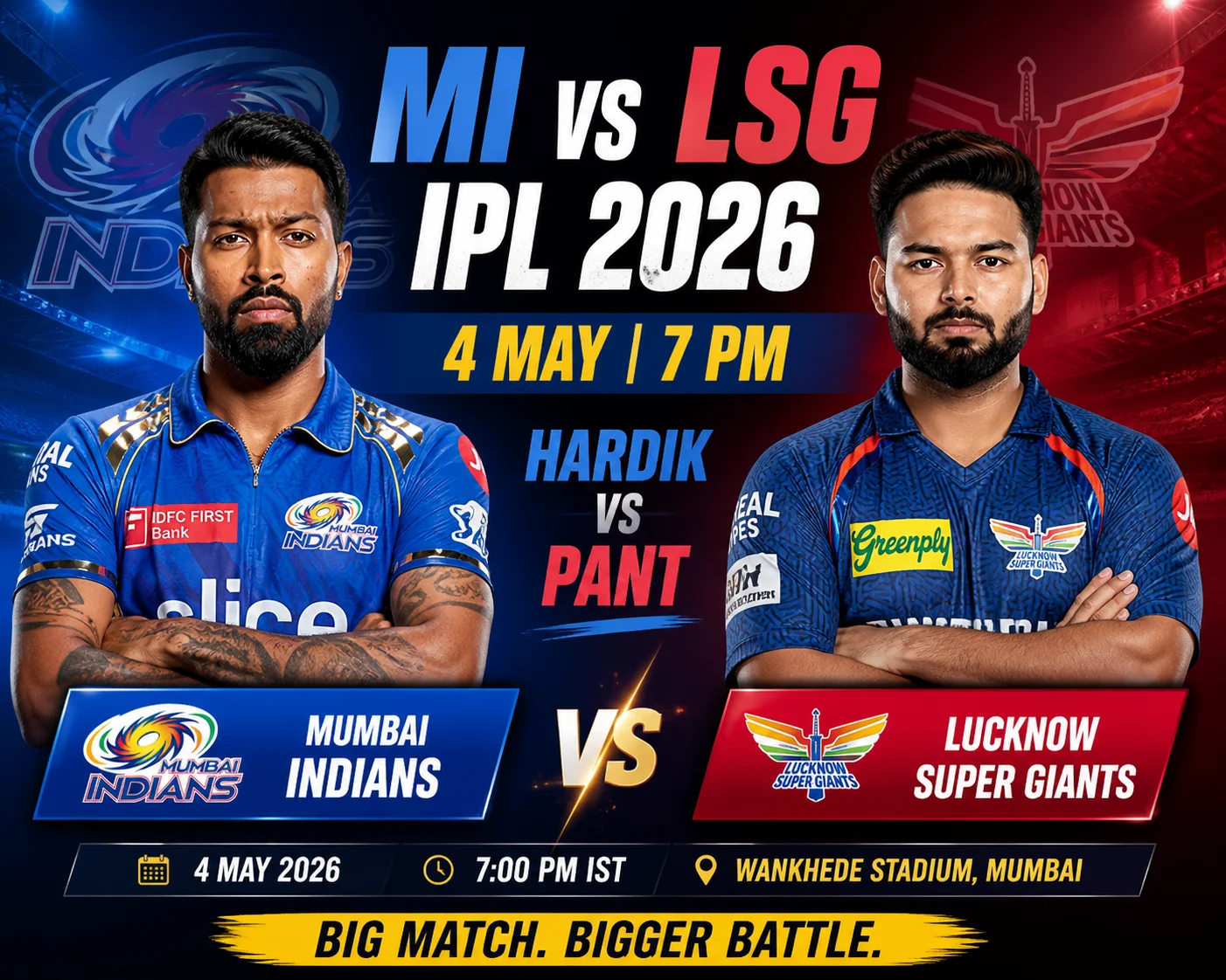MI vs LSG IPL 2026, 4 May 7 PM Hardik vs Pant Clash
