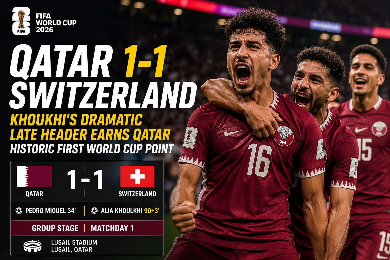 Qatar 1-1 Switzerland Khoukhi's Dramatic Late Header Earns Qatar Historic First World Cup Point