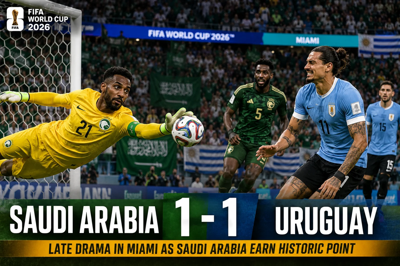 Saudi Arabia 1-1 Uruguay Al-Owais Heroics & Núñez Half-Time Hook — Two-Time Champions Escape Miami With a Point