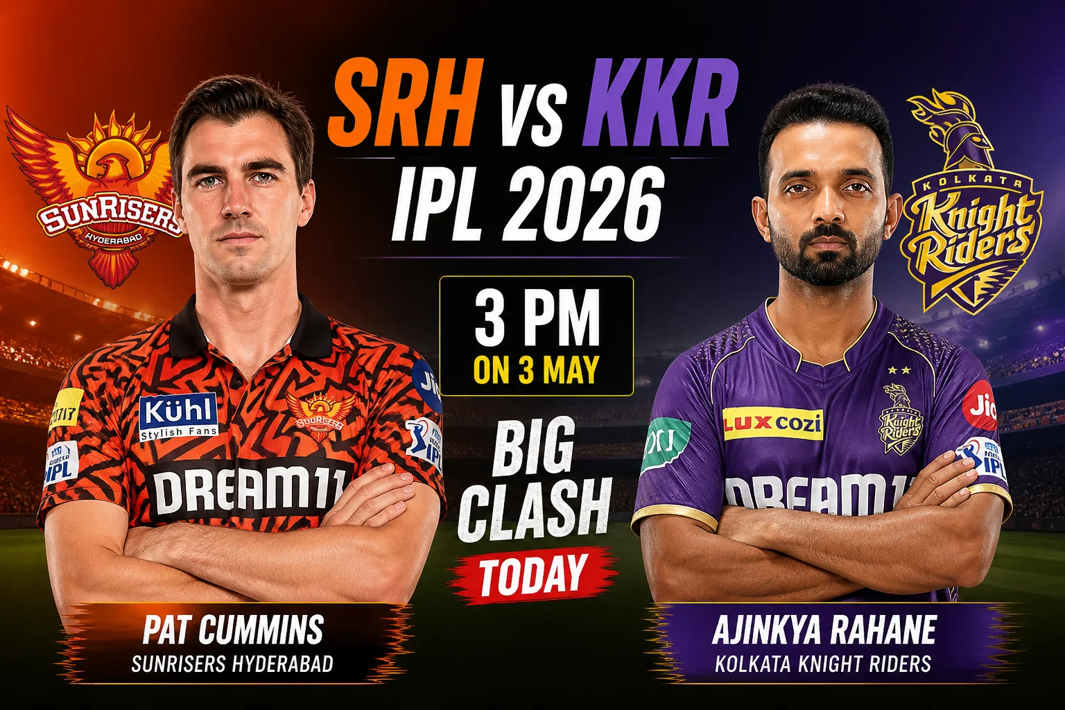 SRH vs KKR IPL 2026 at 3 PM on 3 May Pat Cummins vs Ajinkya Rahane Set for Big Clash Today