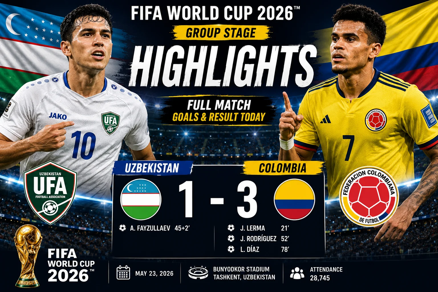Uzbekistan vs Colombia Highlights — FIFA World Cup 2026 | Full Match Goals & Result Today